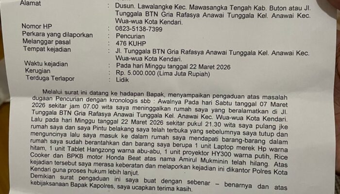 Rumah Dibobol Saat Mudik, Warga Kendari Kehilangan Barang Senilai Rp5 Juta