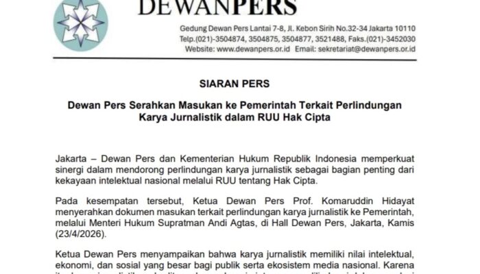Dewan Pers Serahkan Masukan ke Pemerintah Terkait Perlindungan Karya Jurnalistik dalam RUU Hak Cipta