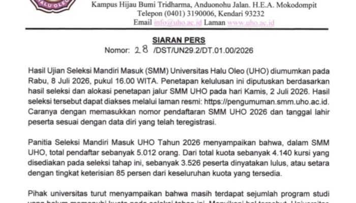 Hasil Seleksi Mandiri UHO 2026 Diumumkan, 3.526 Peserta Lulus, Gelombang II Segera Dibuka